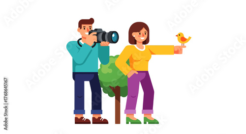 Photographer Capturing A Delightful Moment Of Woman With A Bird Cartoon Illustration