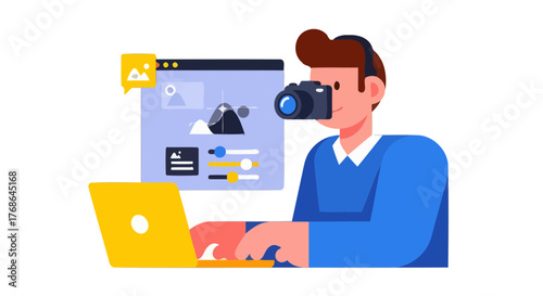 Photographer Editing Photos on Laptop with Camera and Interface in the Modern Creative Style