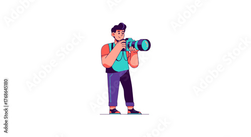 Photographer Capturing Images With A Professional Camera, Vector Graphic On Black Background