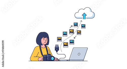 Photographer Uploading Creative Photos To Cloud Servers Via Laptop Technology for Online Use