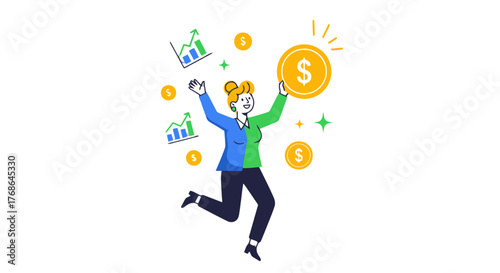 Positive Financial Growth: Jubilant Woman Celebrating Successful Investments and Gains, Animated