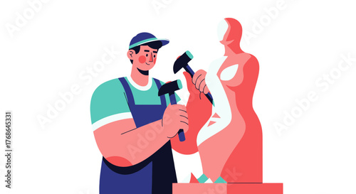 Sculptor Artfully Crafting A Modern Abstract Statue With Precise Hammering Technique