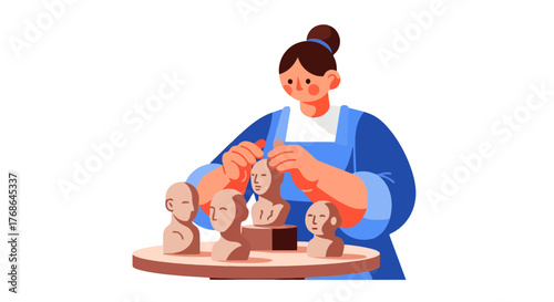 Sculptor Crafting Small Busts, Showcasing Artistic Creation in Vibrant Vector Art