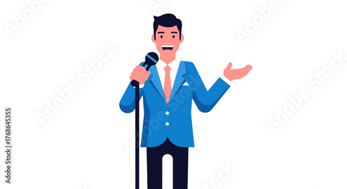 Presenter Animated In Blue Suit Talking With Microphone And Gesturing
