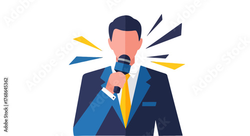 Presenter Animated In Suit Holding Microphone Announcing Speaker's Presentation Or News