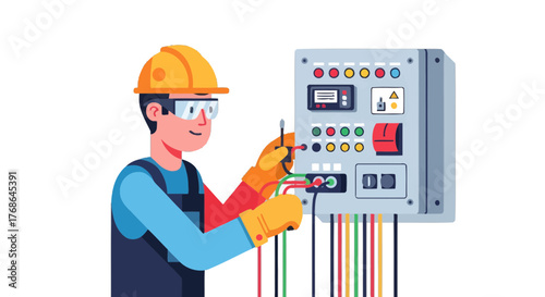 Professional Electrician Working on Electrical Panel, Maintaining Power Supply Systems