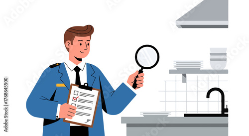 Quality Control Inspector Evaluating Kitchen Equipment With Inspection List and Magnifying Glass