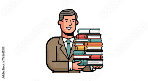 Smart Man with Elegant Attire Holding Huge Pile of Colorful Educational Books