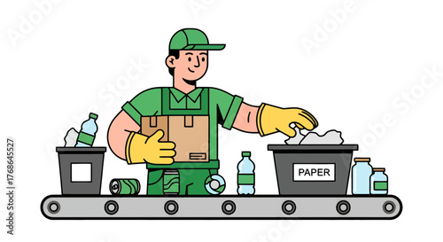 Recycling Process Depicted With Conveyor Belt, Worker Picking Up Paper for Sorting