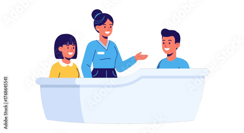 Receptionist Explains, Guides and Welcomes Guests Illustratively In Modern Digital Style