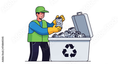 Recycling Initiative: A Worker Putting Aluminum Cans Inside A Recycle Bin With Symbol