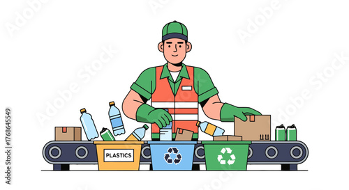 Recycling Worker Sorting Waste Materials on A Conveyor Belt with Environmental Concerns