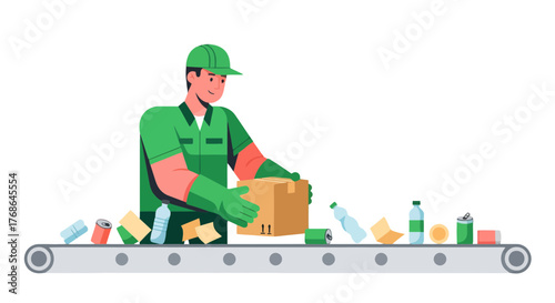 Recycling Worker Inspecting Cardboard Box on Conveyor Belt with Sorted Waste