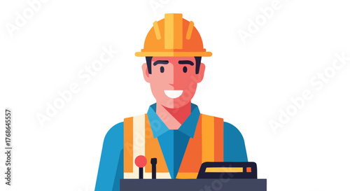 Smiling Construction Worker in Safety Gear on a Black Background, Looking Forward