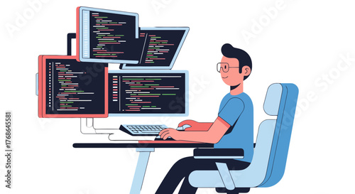 Software Developer Working Diligently on Multiple Computer Screens with Coding Code