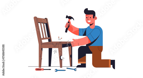 Repairman Fixing Broken Wooden Chair, Cartoon Illustration With Black Backgrounds And Tools