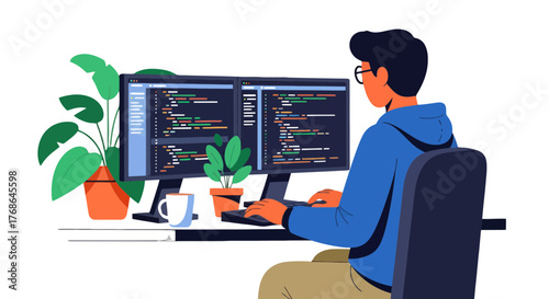 Software Developer Working On Computer Programming Code In Comfortable Home Office Environment