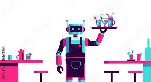 Robotic Bartender Delivering Drinks in a Modern Neon Bar Setting