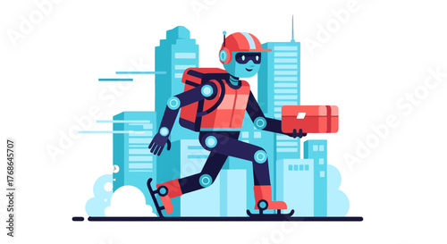 Robotic Courier Delivers Package Through Futuristic Cityscape with Speed and Precision