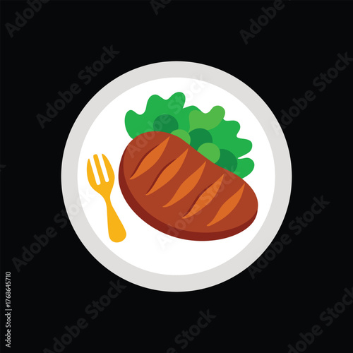 A perfectly grilled steak with a side of green peas and fries, served vector illustration