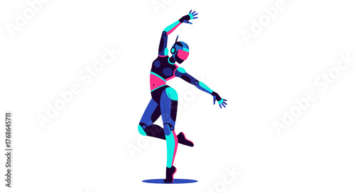 Robotic Dancer Gracefully Posing With Vibrant Colors Against a Black Backdrop Illustration