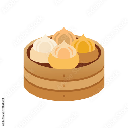A plate of Dim Sum, featuring a variety of dumplings and buns in a bamboo steamer vector illustration