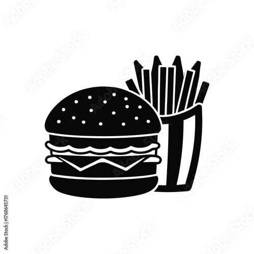A tall, juicy cheeseburger with lettuce, tomato, and cheese, with a side of fries silhouette vector illustration