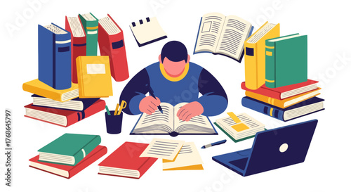 Student Immersed In Studies With Books And Technology, Concentrating Intensely