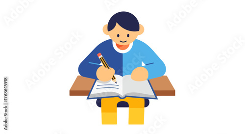 Student Writing in a Notebook at School, Cartoon Illustration Over Black Background