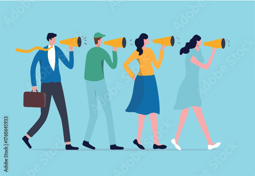 Marketing strategy, word of mouth people tell friend about good product and service, vebally tell story or communication concept, people using megaphone to tell story to their friends.