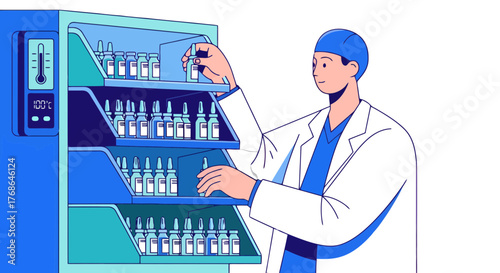 Scientist Accessing Vaccine Vials Stored In Refrigerator For Medical Treatment Or Research