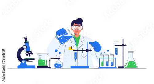 Scientist Conducting Experiment In Laboratory With Various Scientific Equipment