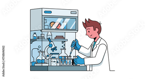 Scientist Conducting Experiments In Laboratory, Illustrated Design, Clean Science Representation
