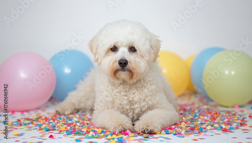 Playful Pup Amidst a Colorful Celebration, a Flurry of Confetti and Bright Balloons.