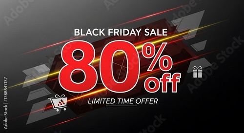 Black Friday sale offers 80% off limited time deal with shopping cart and gift icons