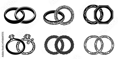 Wedding ring silhouette, decorative band, black vector, gemstone design, romantic symbol, jewelry icon, elegant shape, love token, artistic style