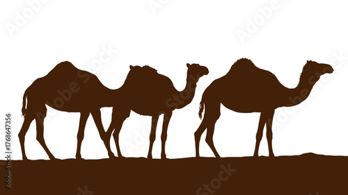 Silhouette of a camel caravan walking in the desert simple vector illustration for travel and tourism concepts
