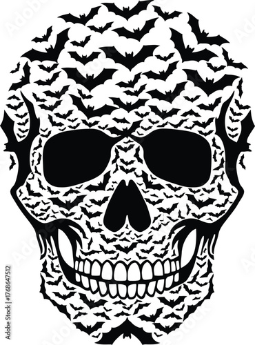 Skull formed from a swarm of bats on a white background