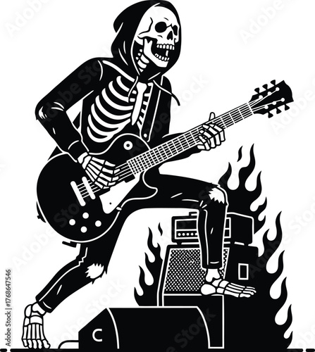 Skeleton rocker playing guitar with flames and speakers