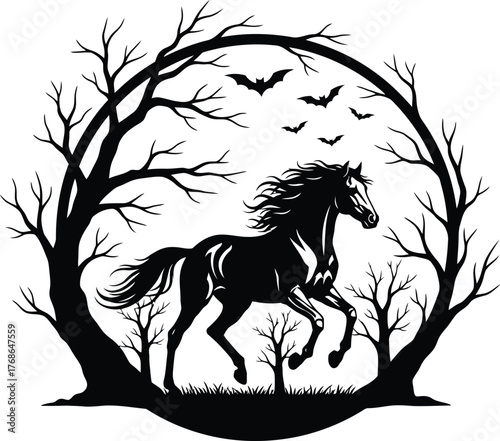 Silhouette of a powerful horse running through a spooky forest at night