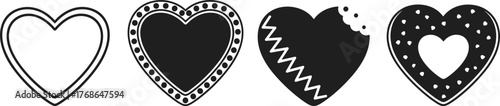 Stylized heart icons set, decorative love symbols, black and white vector hearts, romantic graphic elements, Valentine cookie-inspired design
