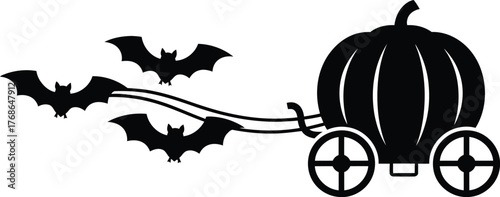 Spooky halloween pumpkin carriage pulled by bats silhouette