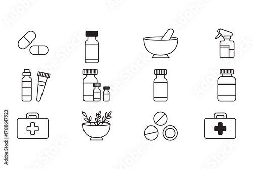 Medical and Pharmacy Icons with Pills Bottles and First Aid Kit Keywords: medical, pharmacy, icon