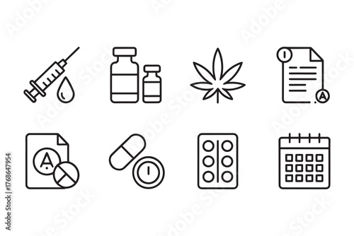 Medical icons with syringe pills and document symbols on white Background Keywords: medical