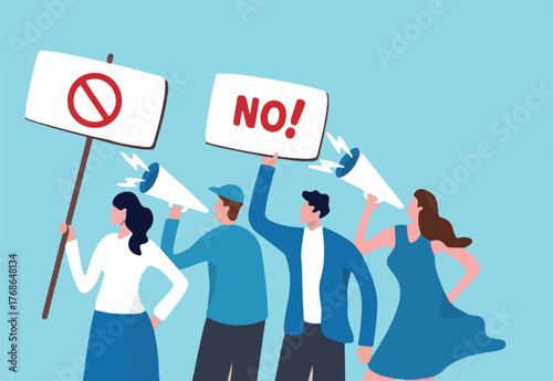 Employee protest, work strike or people demonstration, social gathering, activism protest for civil right, democracy or politic concept, people carrying protesting sign shouting on megaphone.
