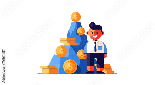 Successful Businessman Stands Proudly Beside Mountain Of Growing Wealth And Financial Gains