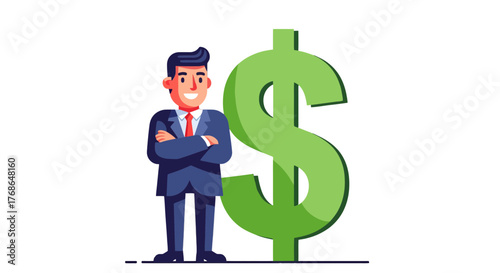 Successful Businessman Standing Beside a Large Green Dollar Symbol on Black Background