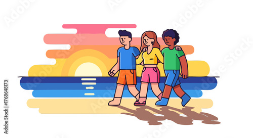 Three Individuals Stroll Along A Beach During A Beautiful Sunset Scene