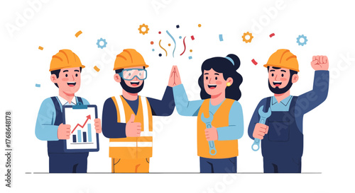 Successful Team of Construction Workers Celebrating Project Accomplishment and Achievements