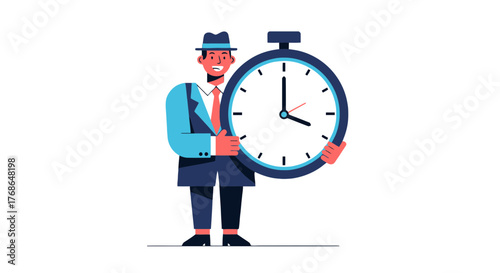Time Control Concept Depicted by Stylized Character with Large Clock Against Black Background